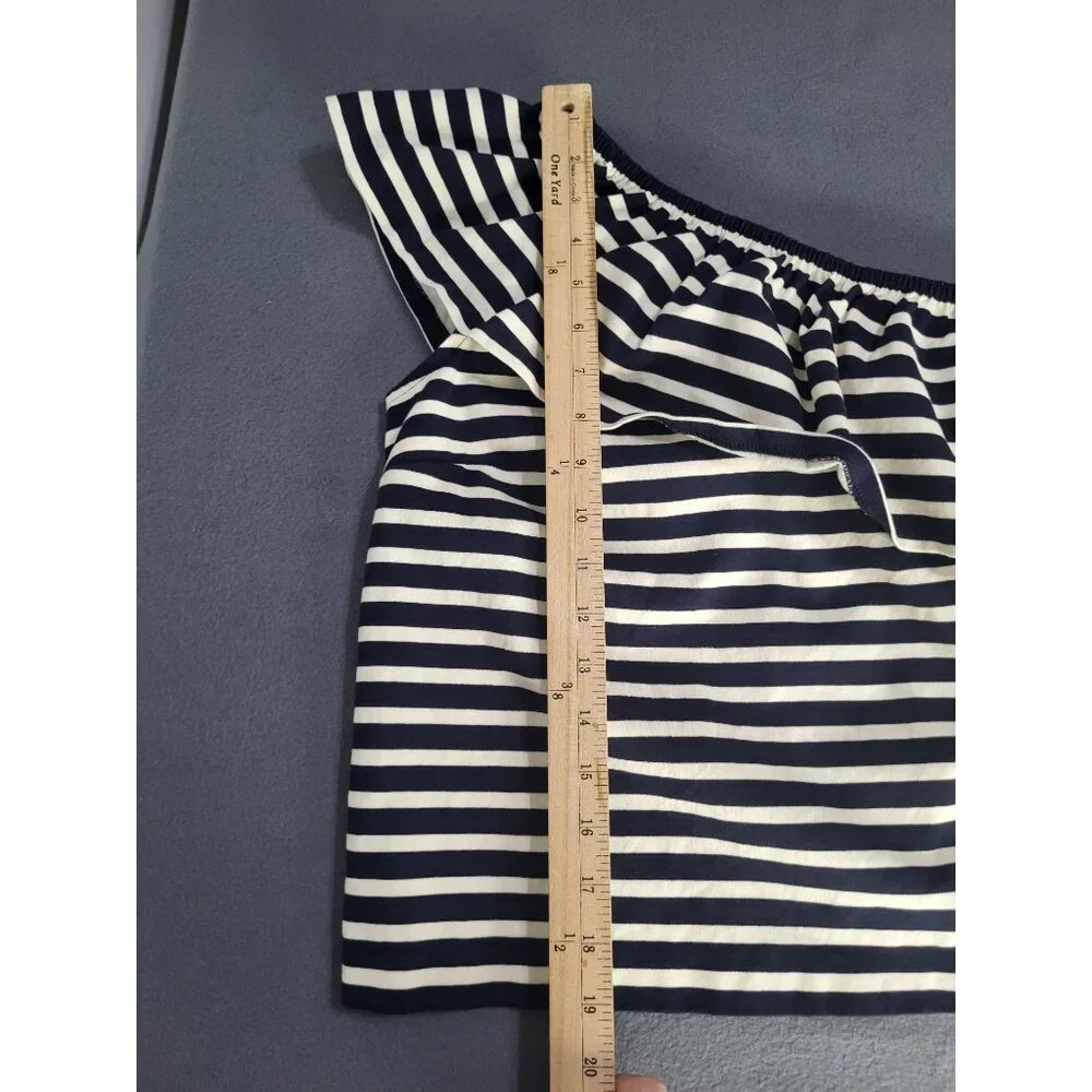 J. Crew One Shoulder Striped Ruffle Top Navy Cream SZ XS Preppy Cotton Classic - Picture 6 of 10
